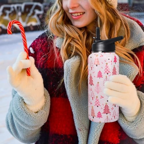 TWBDMKC 32oz Christmas Tree Insulated Water Bottle with Straw - Pink, Gift for Women
