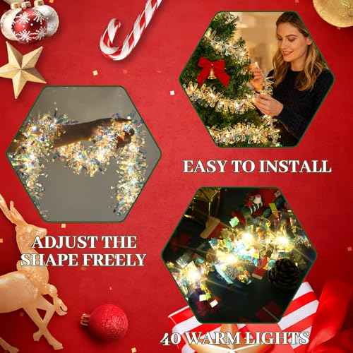 LAWOHO 6.5FT/2M Christmas Tinsel Garland with 40 LED Lights, Shiny Iridescent Foil Decorations for Christmas Tree, Wedding Birthday Party Supplies, New Year Holiday Parties, Indoor Hanging Home Decor