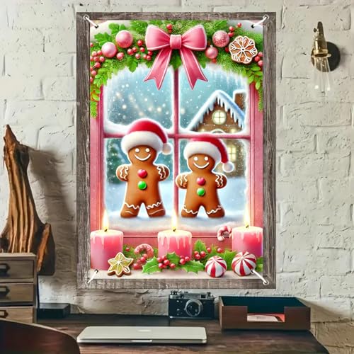 Christmas Window Cover 31x47 Inch Gingerbread Couple Window Decoration with Pink Bow and Scene Holiday Window Banner for Kids Christmas Decor