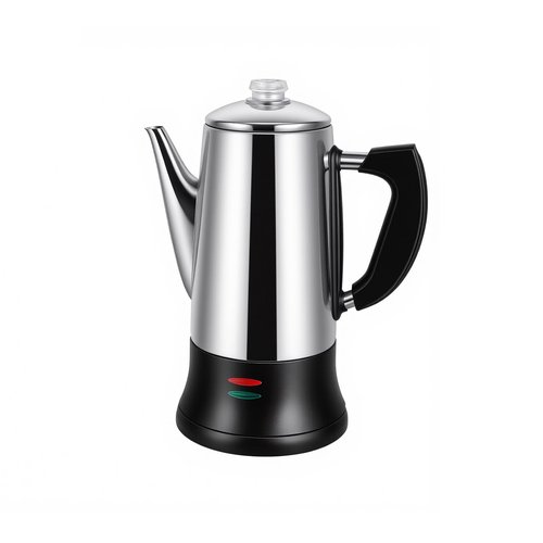 Electric coffee maker, 12-cup capacity, stainless steel construction, automatic heating with boil-dry protection, heat-resistant handle design, 360° swivel base, transparent brewing indicator.