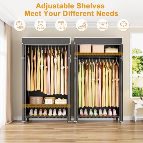 ULIFHOME H5C Clothes Rack with Cover - Heavy Duty Black Wardrobe Organizer