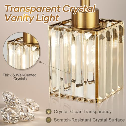 Brushed Gold Bathroom Vanity Light 4-Lights Crystal Square Shade Over Mirror