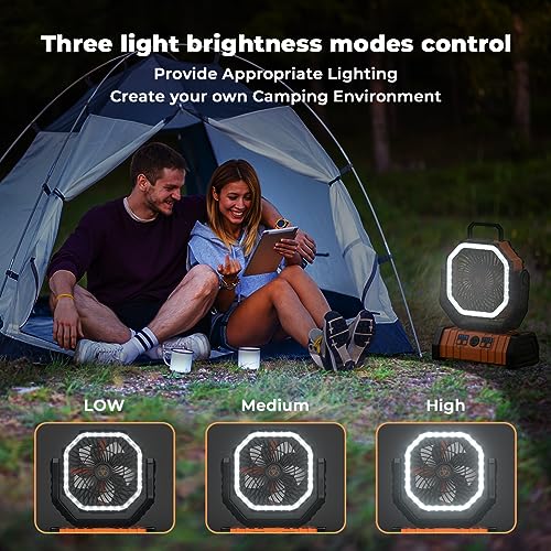 Portable Camping Fan with 20000mAh Battery, LED Lantern, Remote, 4 Speeds, Hanging Hook - Black and Orange (8.9x11.4x4.6in)