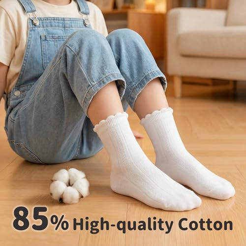 Girls Socks 6 Pairs Cotton Ruffle Crew Ankle Socks for Ages 2-14, White, Size 6-8 Years