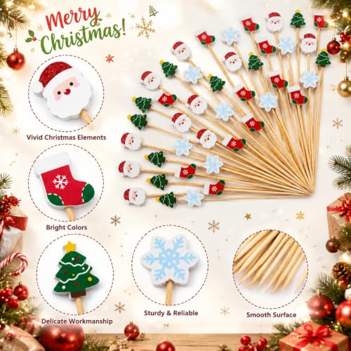 Havawish Santa Christmas Cocktail Picks - 200 Bamboo Toothpicks for Party