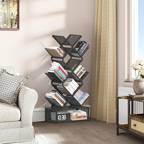 Big Black 9-Tier Space Saving Tree Bookshelf - Folding Metal Storage Shelf