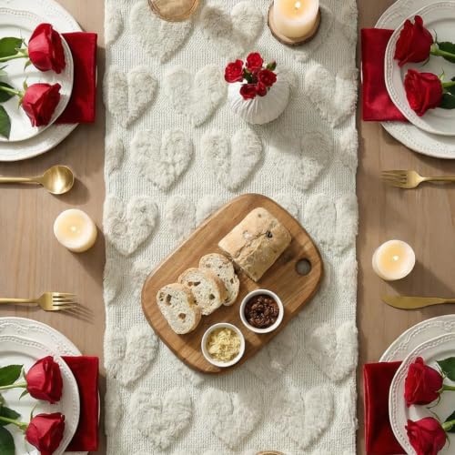 Artoid Mode Beige Soft Plush Faux Fur Jacquard Love Heart Table Runner 13x72 - Home Kitchen Decor
