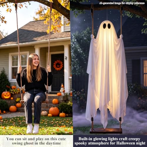 Outdoor Halloween Ghost Swing with String Lights - 5 ft Spooky Yard Decor