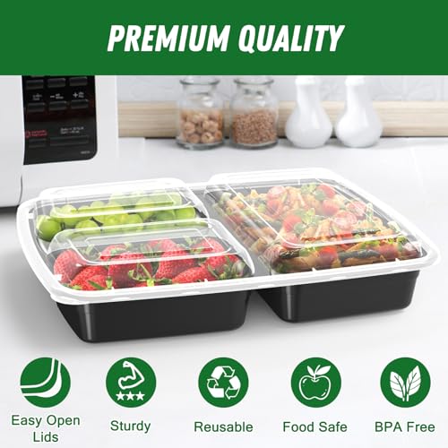 Dealusy 50 Pack 32 oz Reusable Meal Prep Containers with Lids - Black, 3-Compartment