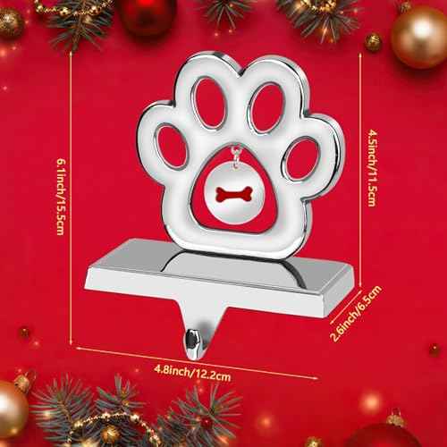 Hooqict Dog Paw Christmas Stocking Holder with Bone Pendant for Mantel 3D Silver Metal Mantel Stocking Holder Christmas Stocking Hanger for Christmas Fireplace Table Decorations