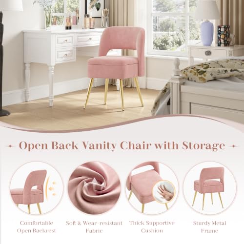 Pink Vanity Chair with Storage & Open Back - Adjustable Gold Metal Legs