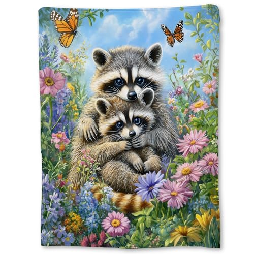 Cute Raccoon and Cub Blanket with Floral, Soft Fuzzy Flannel Throw