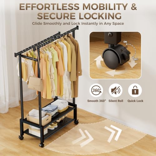 SpaceHidden Black Double Rod Clothing Rack with 2 Shelves, Rolling, Wobble-Free