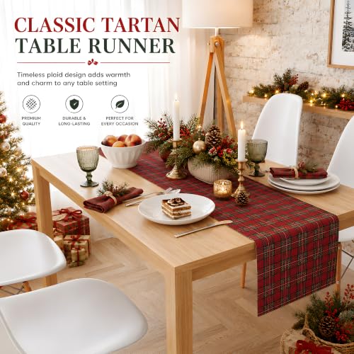 OHOME Christmas Plaid Red Table Runner - 13.8 x 73 in, 100% Polyester, Holiday Decor