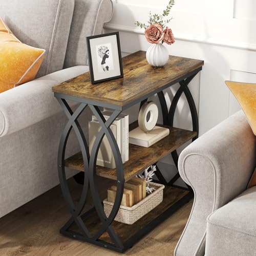 Narrow 3-Tier End Table with Rustic Brown Wood Top and Metal Frame for Small Spaces