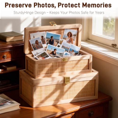 Light Brown Bamboo Decorative Box Set with Lids - 2 Pieces Boho Keepsake Storage