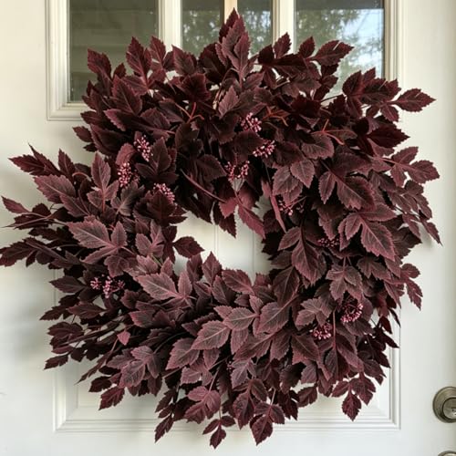 GIAUMA 26-Inch Fall Artificial Cimicifuga Leaves Wreath for Front Door Burgundy