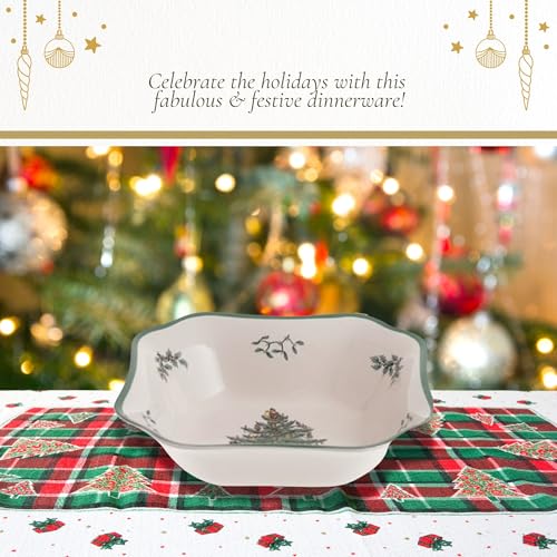 Spode Christmas Tree 9.5-Inch Square Salad Bowl - Festive Holiday Ceramic Serving Dish with Holiday Design