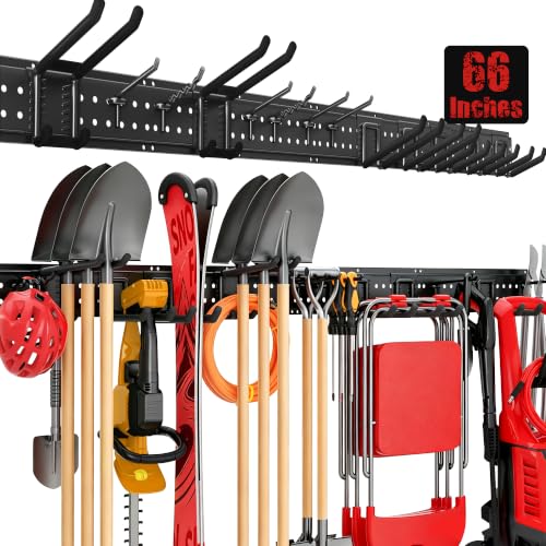Garage Tool Organizer Wall Mount 66 Inches with 13 Heavy-Duty Hooks - Garden & Shed Storage Rack, Holds Up to 520 lbs - 4 Panels