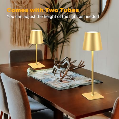 Cordless Table Lamp - 3 Light Modes, Stepless Dimming, Gold Finish, 5000mAh Rechargeable Battery, LED Desk Light for Bedroom & Dining