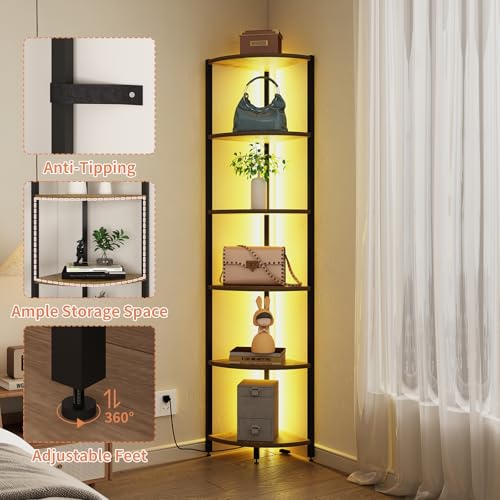 Rustic Brown 6-Tier Corner Shelf with LED Lights - 65 Inch Tall Narrow Storage Rack