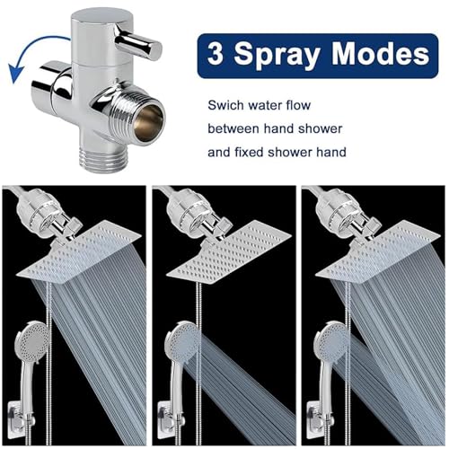 NearMoon Chrome Filtered Shower Head Kit - High Pressure 8" Square, 5 Settings Handheld with Hose & Self-Adhesive Holder