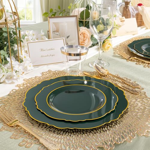 Liacere Green Plastic Plates 350pc Set with Gold Rim, 50 Guests Includes Napkins, Silverware & Cups - Green/Gold, 50 Dessert Plates
