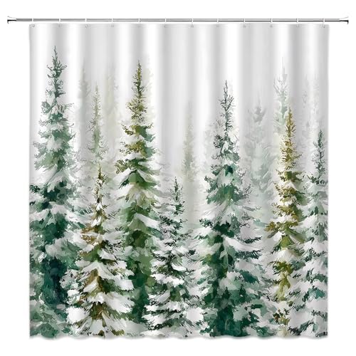 UEAUUN Winter Snowy Forest Shower Curtain Christmas Pine Tree 70x70 Inch Green White