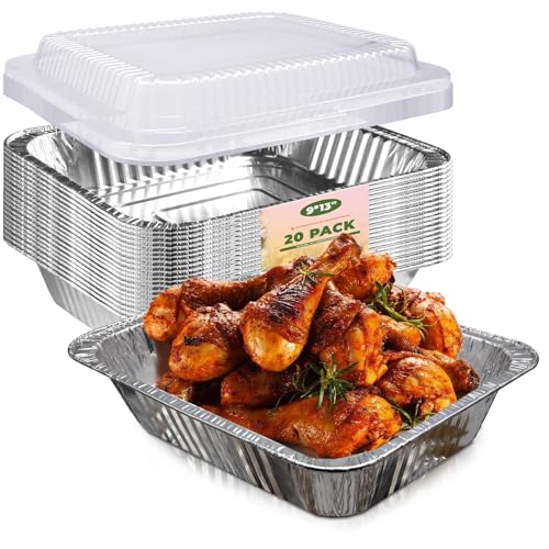 20 Pack Aluminum Foil Pans with Clear Lids - 9x13 Half Size Deep Disposable Bakeware
