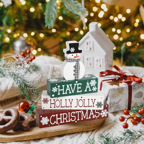 Red Large Christmas Snowman Wooden Table Sign Decor - Holiday Centerpiece, Farmhouse Winter Holiday Office Desk Tiered Tray Christmas Decorations