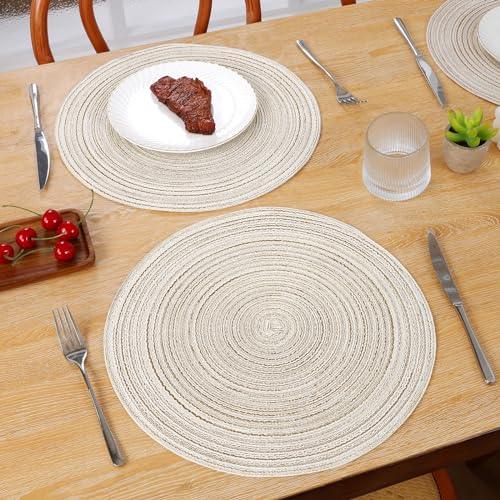 SHACOS Ivory Set of 6 Round Braided Placemats 15 Inch Washable Table Mats for Dining