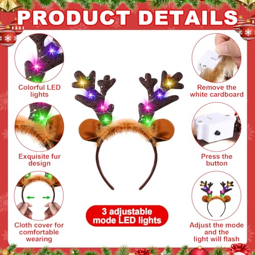 Chuangdi LED Reindeer Headbands with Dark Brown Antlers - Holiday Costume Accessory