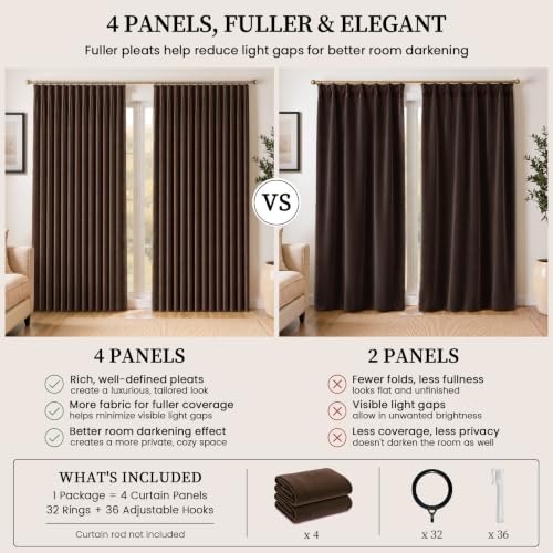 Topfinel Brown Pinch Pleated Velvet Curtains Set 84 Inch Long, 4 Panels, 40"W x 84"L