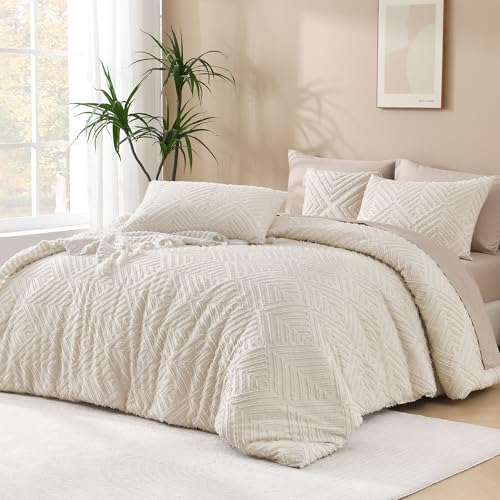 Andency King Size Beige Boho Comforter Set 3 Pieces - Reversible, Ultra Fluffy, 104x90"