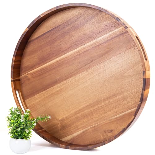 22-Inch Round Acacia Wood Ottoman Serving Tray with Handles - Large Decorative Organizer