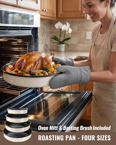 Creamy White Round Turkey Roasting Pan Set of 4 Enamel Bakeware for Oven