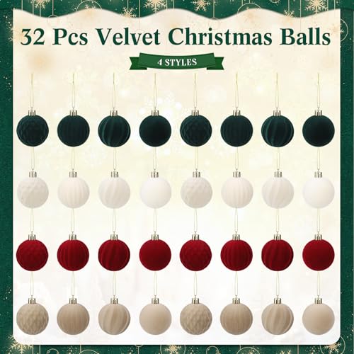 PullCrease 32 Pcs Velvet Christmas Ornaments - Mixed Texture, 2.36 Inch Flocked Holiday Decorations
