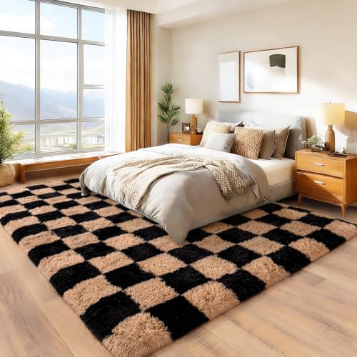 8x10 Black & Beige Fluffy Checkered Rug - Soft Microfiber Living Room & Bedroom Accent with Anti-Slip Backing - Variation: Black & Beige / 8' x 10'