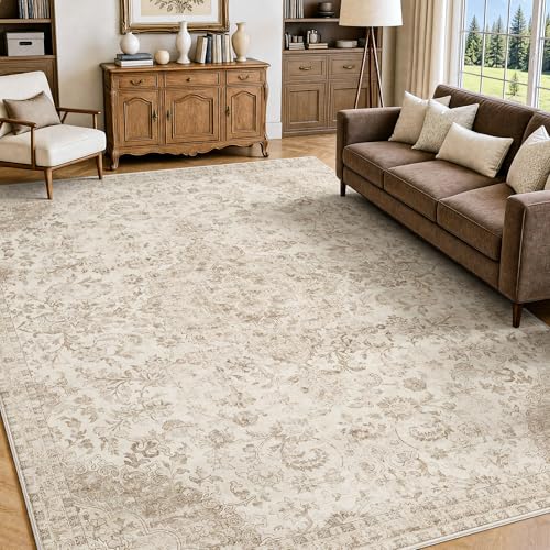 Beauoop 8x10 Beige Vintage Oriental Area Rug for Bedroom - Washable, Low Pile, Non Slip