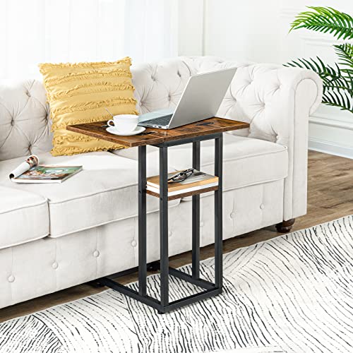 HOOBRO Foldable C Shaped End Table with Storage Shelf - Rustic Brown & Black, 15.4''L x 10.2''W x 25.2''H