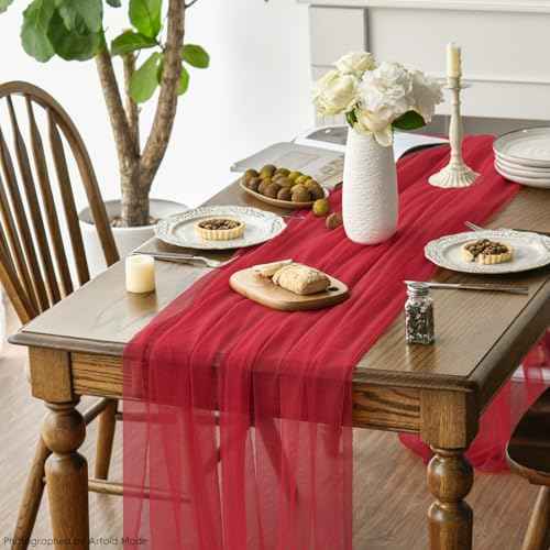 Artoid Mode Red Gauze Table Runner 120 Inch 10FT, Seasonal Sheer Kitchen Dining Holiday Wedding Birthday Baby Shower Table Decor for Home Party