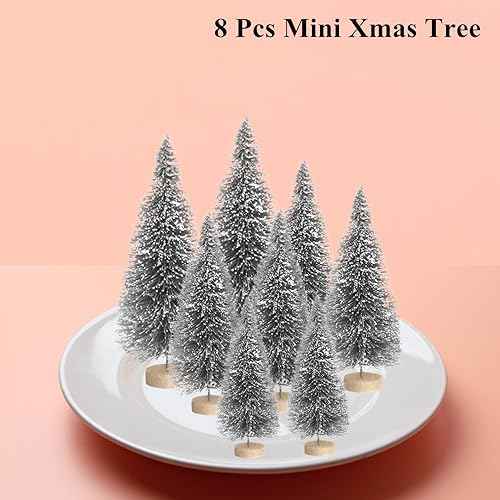 8 Pcs Mini Christmas Tree,Artificial Small Christmas Trees with Wood Base,Bottle Brush Trees Silver Xmas Tree for Christmas Decoration Winter Ornaments DIY Crafts