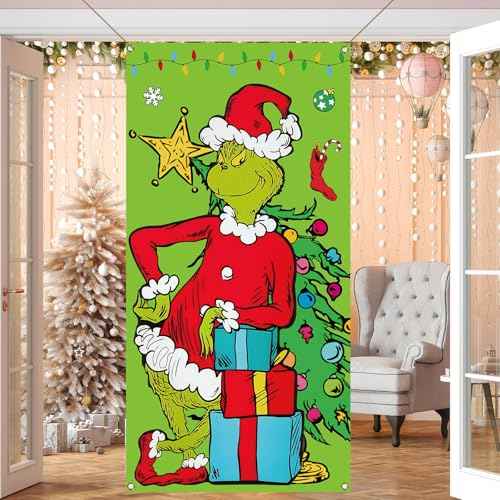 Vohado Green Christmas Door Cover Merry Christmas Winter Holiday Birthday Party Decoration Home Front Door Porch Banner