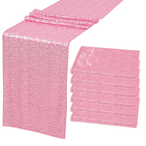 JALANCY 6 Pack Pink Sequin Table Runners 12x70 Inches for Wedding & Party Decor