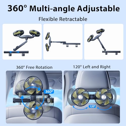 Nauttxon Rechargeable Car Fan for Backseat Kids - Yellow, 4.7-10.8" Retractable Long Arm, 3-Speed & 360° Adjustable