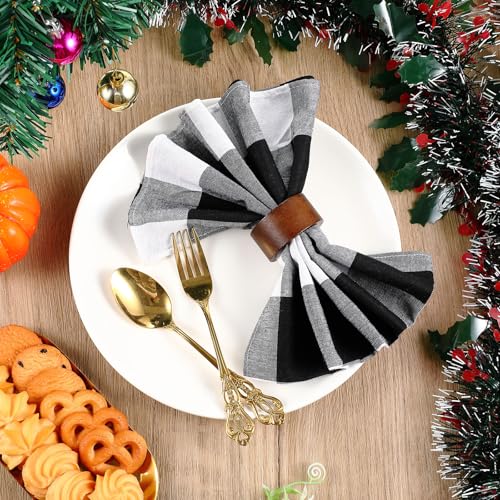 Preboun Black and White Cloth Napkins Set of 12 with Wooden Rings - 18x18 Inch Holiday Table Decor