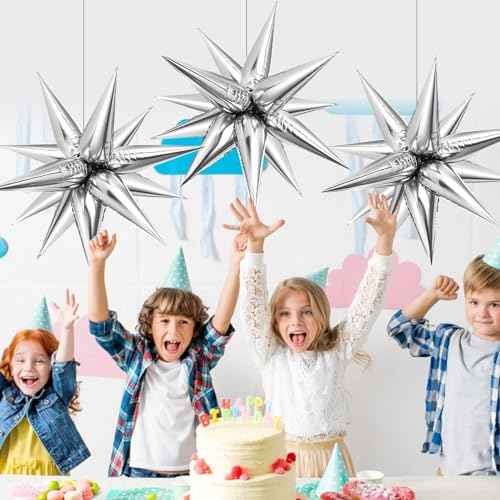 36 Pcs Silver Star Balloons Explosion 12 Point Foil Cone Balloons Spike Mylar Balloon Large for Wedding, Anniversary, Backdrop, Birthday Party Decorations
