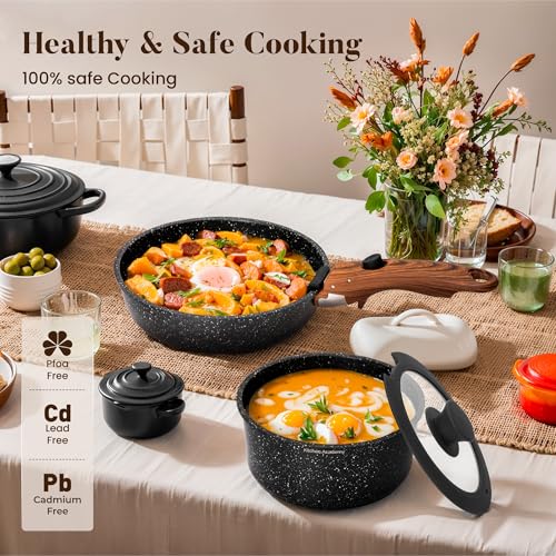 Kitchen Academy Black Removable Handle Induction Cookware Set - 10 Piece Non-Stick Pots & Pans for RV & Camping