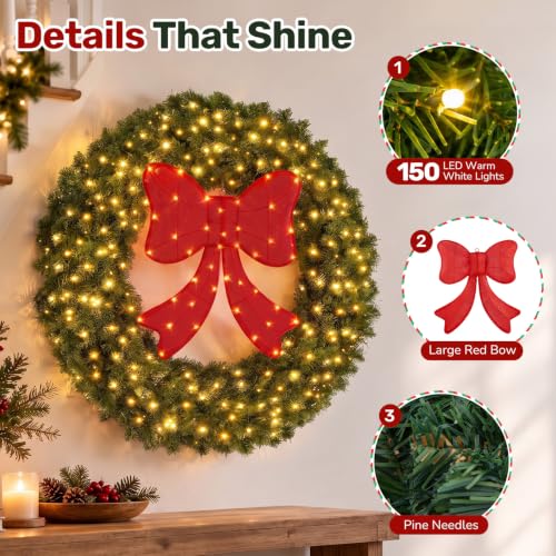 Sweetcrispy 36in Artificial Pre-Lit Fir Christmas Wreath with Green Spruce & Red Bow - 31V Plug-In
