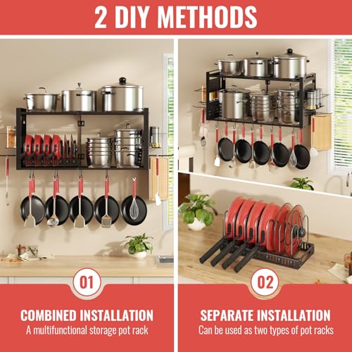 Freexployer 41-Inch Wall-Mounted Pot Rack with 20 Hooks & Lid Organizer, Heavy Duty Kitchen Storage